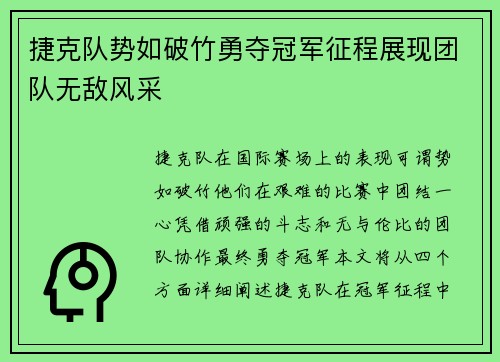 捷克队势如破竹勇夺冠军征程展现团队无敌风采