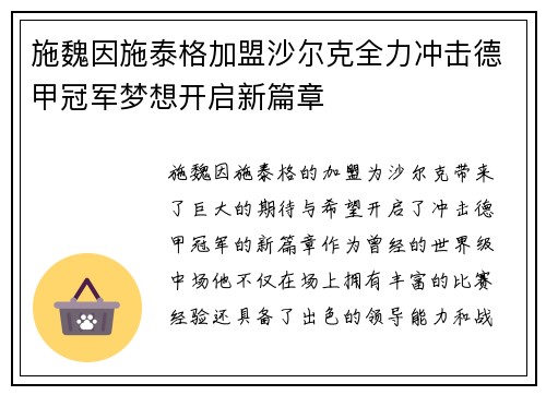 施魏因施泰格加盟沙尔克全力冲击德甲冠军梦想开启新篇章
