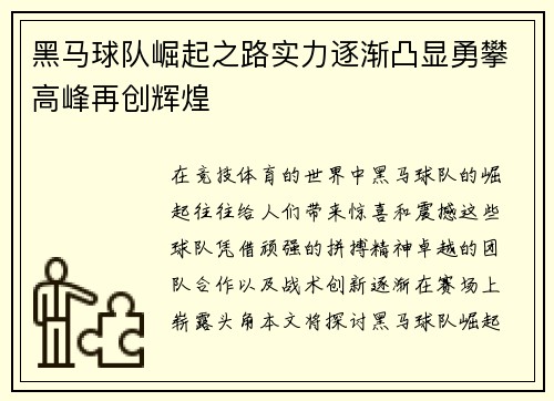 黑马球队崛起之路实力逐渐凸显勇攀高峰再创辉煌