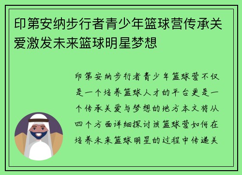 印第安纳步行者青少年篮球营传承关爱激发未来篮球明星梦想