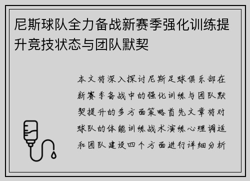 尼斯球队全力备战新赛季强化训练提升竞技状态与团队默契