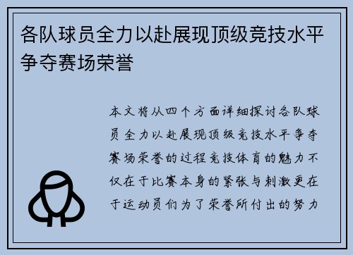 各队球员全力以赴展现顶级竞技水平争夺赛场荣誉