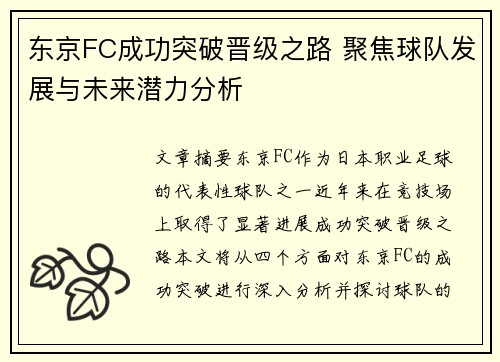 东京FC成功突破晋级之路 聚焦球队发展与未来潜力分析