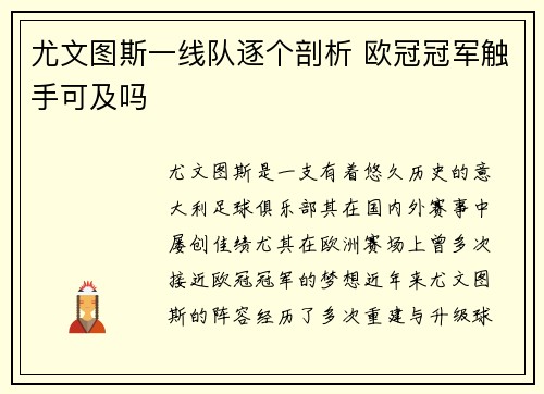 尤文图斯一线队逐个剖析 欧冠冠军触手可及吗