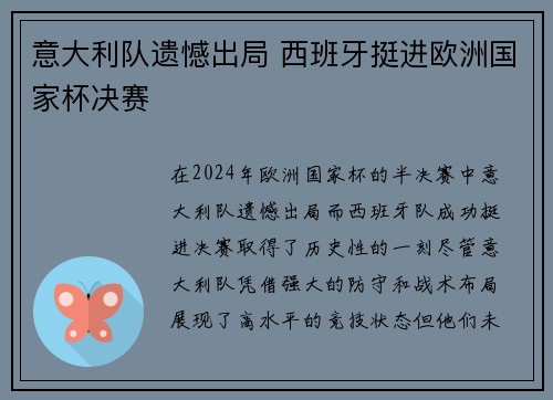 意大利队遗憾出局 西班牙挺进欧洲国家杯决赛