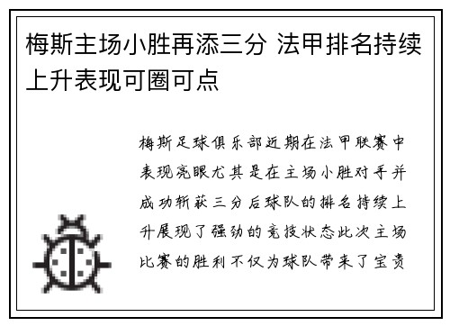 梅斯主场小胜再添三分 法甲排名持续上升表现可圈可点