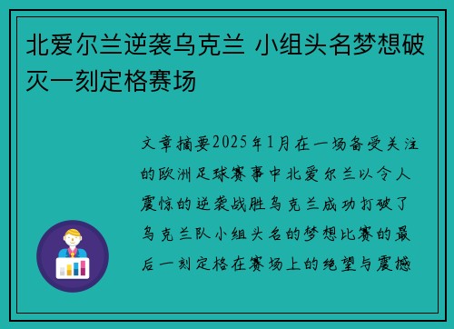 北爱尔兰逆袭乌克兰 小组头名梦想破灭一刻定格赛场