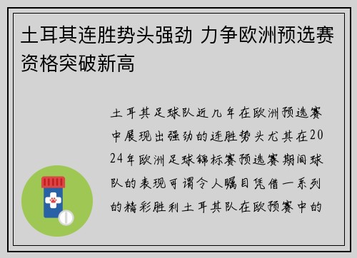 土耳其连胜势头强劲 力争欧洲预选赛资格突破新高