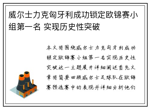 威尔士力克匈牙利成功锁定欧锦赛小组第一名 实现历史性突破