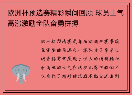 欧洲杯预选赛精彩瞬间回顾 球员士气高涨激励全队奋勇拼搏