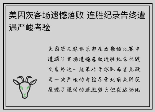 美因茨客场遗憾落败 连胜纪录告终遭遇严峻考验