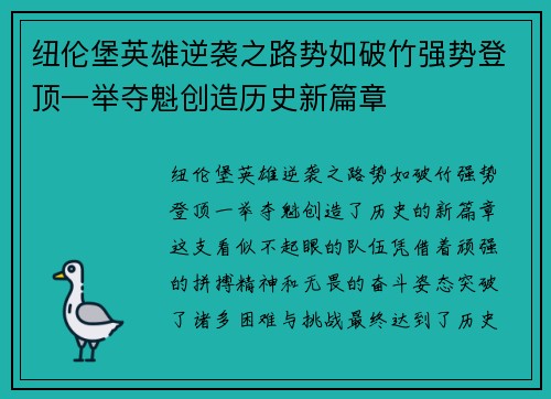 纽伦堡英雄逆袭之路势如破竹强势登顶一举夺魁创造历史新篇章
