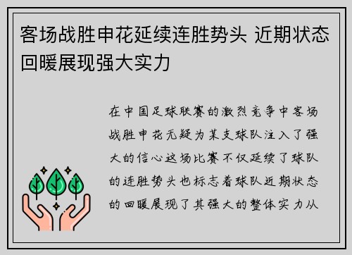 客场战胜申花延续连胜势头 近期状态回暖展现强大实力